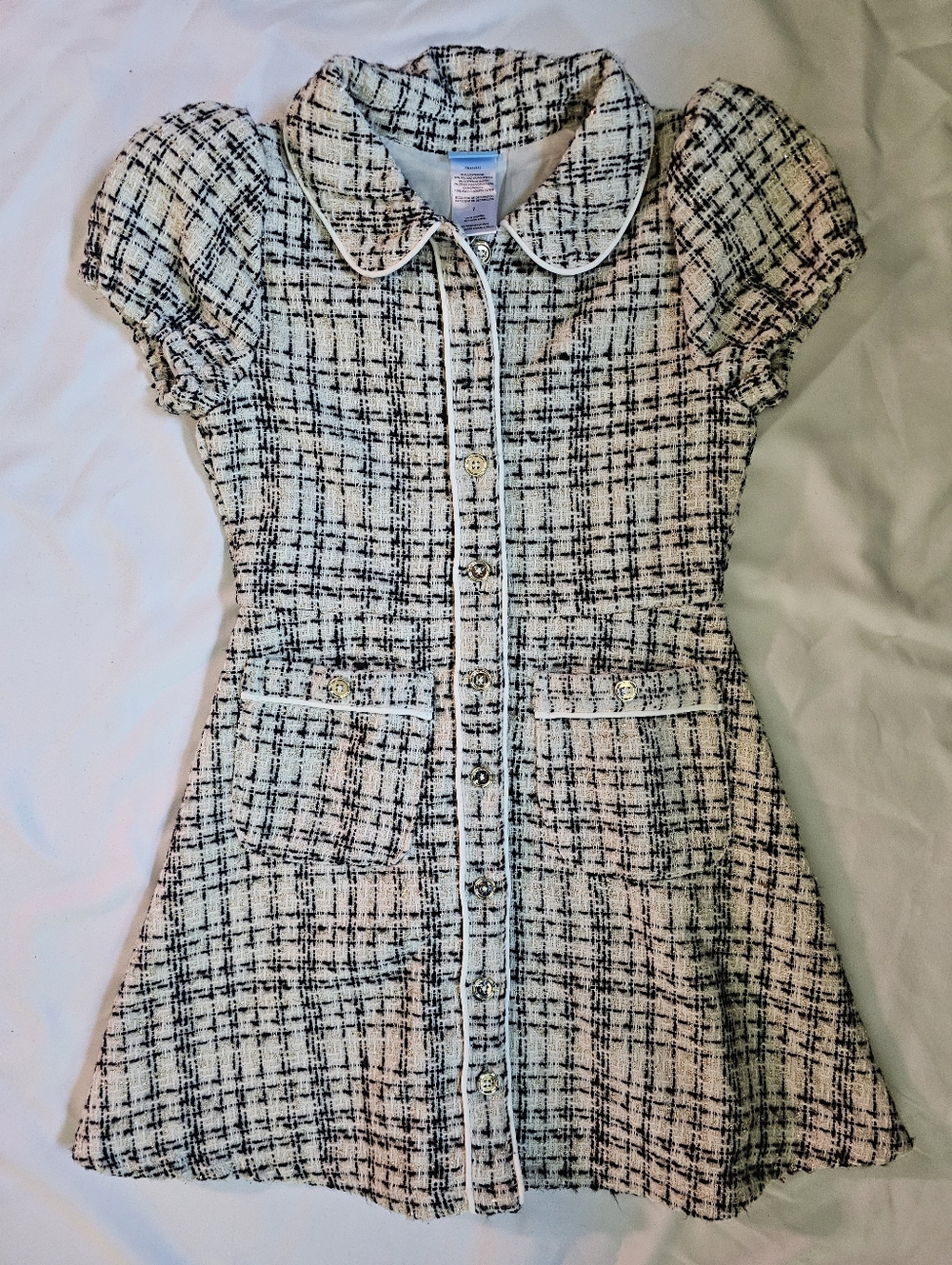 Draper James Tweed Button-Front Kids Mini Dress in Cream and Black- Size 7